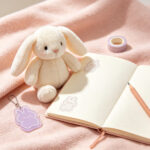 Bunny plush doll on journal notebook with clear quote stickers, cozy stationery scene | Giftsmill