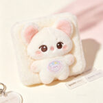 Close-up of soft plush doll texture, bunny sticker detail and acrylic charm edge | Giftsmill